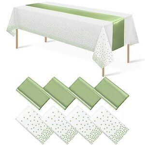 8Pack Tablecloth and Satin Table Runner Set White Green Dot Party Wedding Decor